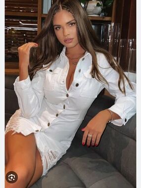 Fashion Nova Love Distress White Denim Dress, M